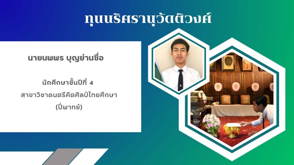 ขอแสดงความยินดีกับ นายนพพร บุญย่านซื่อ นักศึกษาสาขาวิชาดนตรีคีตศิลป์ไทยศึกษา ได้รับคัดเลือกรางวัลนริศรานุวัดติวงศ์ ประจำปีพุทธศักราช 2566 โดยมูลนิธินริศรานุวัดติวงศ์ (วังปลายเนิน)